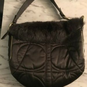 Coach H05K-3586 Black Shoulder Handbag Fur Trimmed